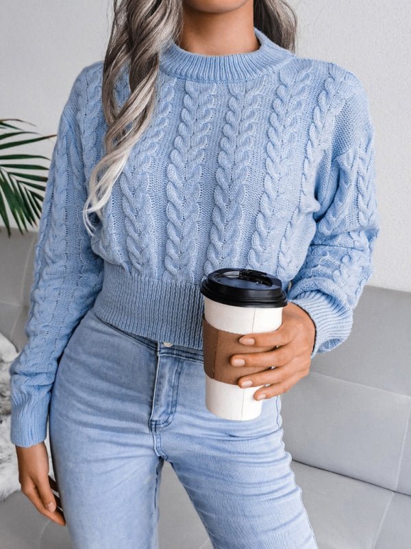 Jersey corto de punto trenzado con cuello redondo para mujer | Ideal para otoño/invierno