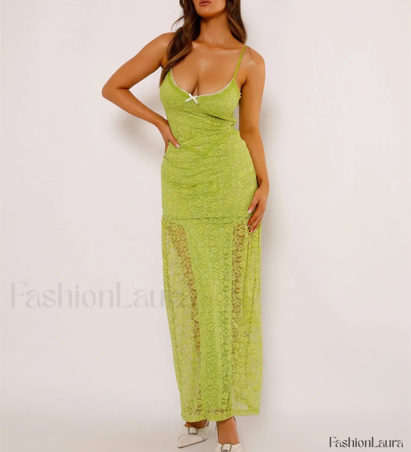Women's Green Lace Maxi Spaghetti Strap Solid Color Bodycon Long Elegant Party Club Lace Dress