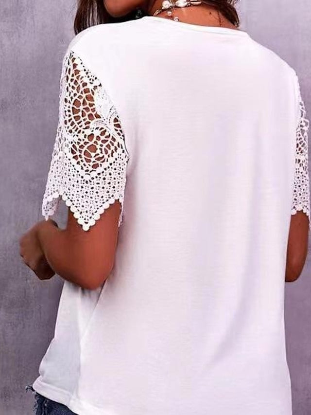 Amazon Summer Cross-Border Solid Color Lace V-Neck Loose Top for Women