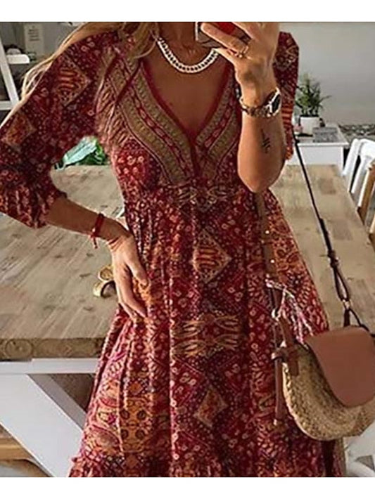 A Line Dress Maxi long Dress Red 3/4 Length Sleeve Print Summer Spring Fall V Neck Casual 3XL for Women