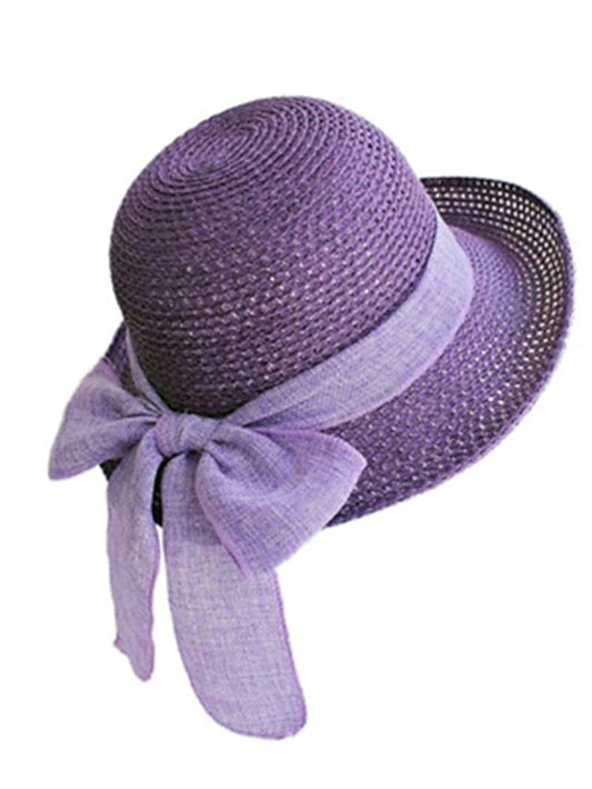 Hat Straw Hat Sun Hat Purple Pink Camel Outdoor Street Dailywear Braided Bow Pure Color Portable Sun Protection Comfort for Women