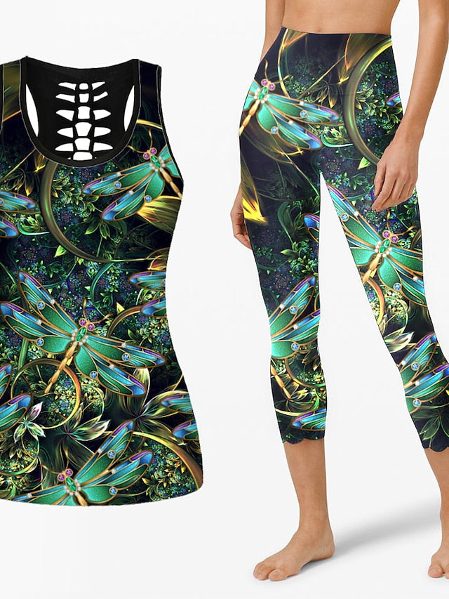 21Grams Women's Workout Sets 2 Piece Butterfly Tank Top Capri Leggings Clothing Suit Black Golden Yoga Fitness Gym Workout Tummy Control Butt Lift Breathable Sleeveless Sport Activewear Stretchy