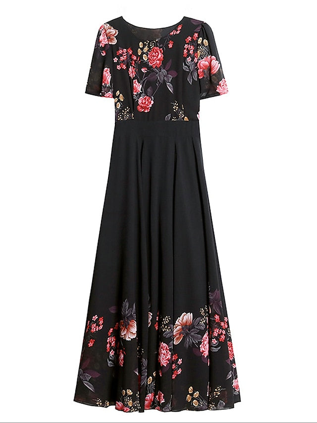 A Line Dress Maxi long Dress Black Short Sleeve Floral Ruched Print Spring Summer Crew Neck Elegant Vacation 3XL for Women