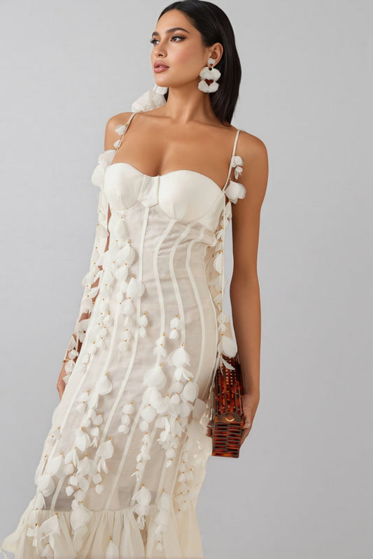 Novise Halter Fringe 3D Flower Midi Dress
