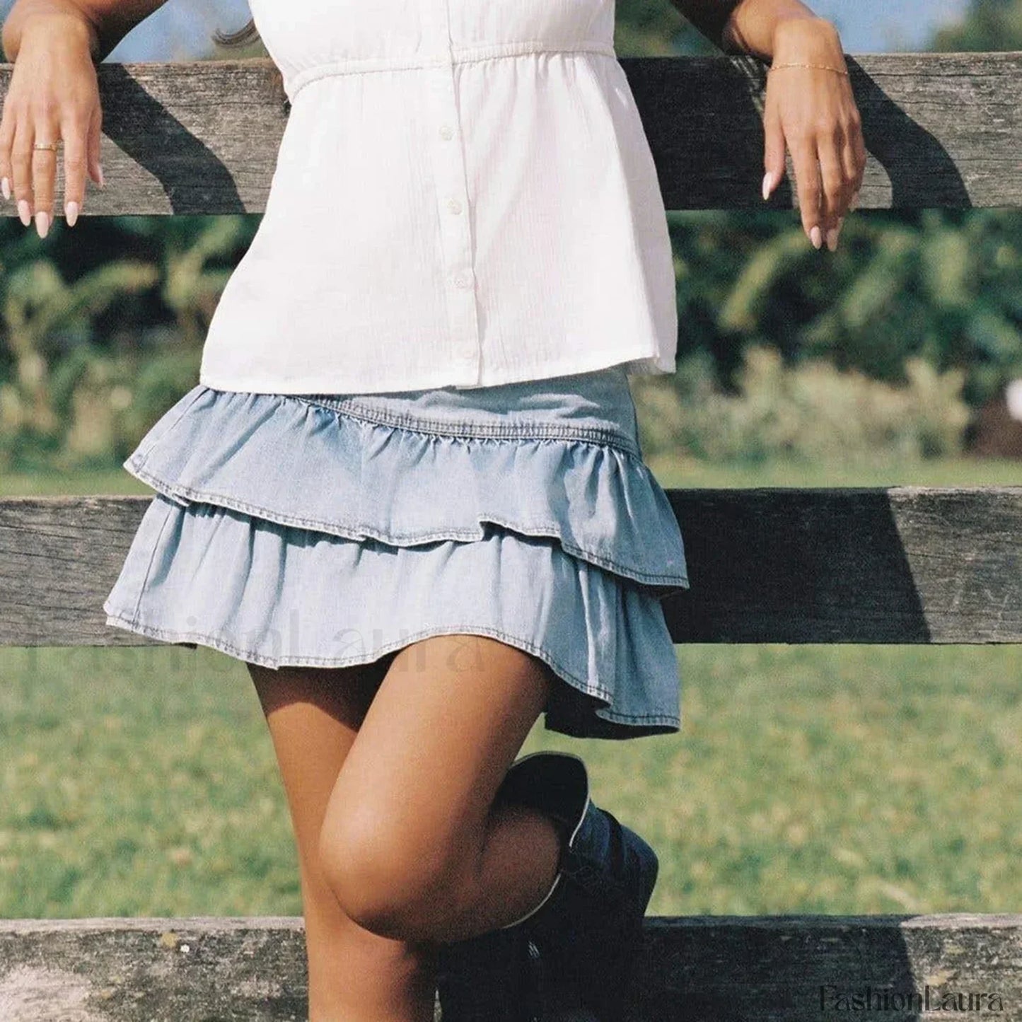 Zipper Ruffle Denim Skirt
