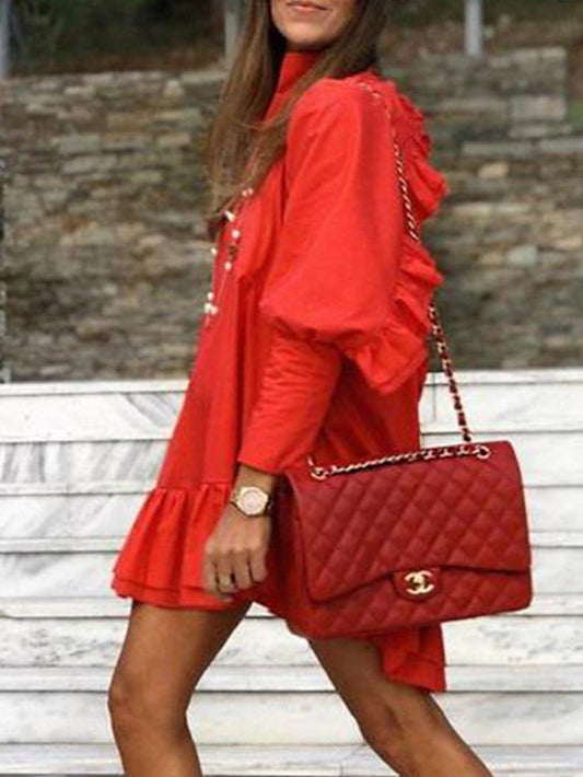 A Line Dress Tiered Dress Mini Dress Black White Red Long Sleeve Pure Color Ruffle Fall V Neck Casual Winter Dress Fall Dress S M L XL XXL 3XL for Women