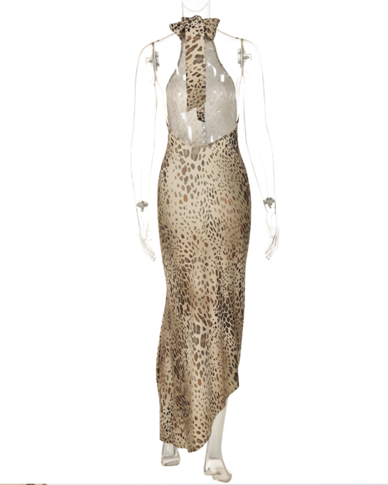 Backless Fitted Irregular Leopard Print Dress