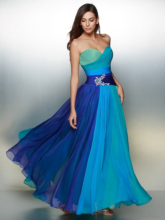 A-Line Color Block Dress Wedding Guest Floor Length Sleeveless Sweetheart Chiffon Backless with Ruched Crystals 2023