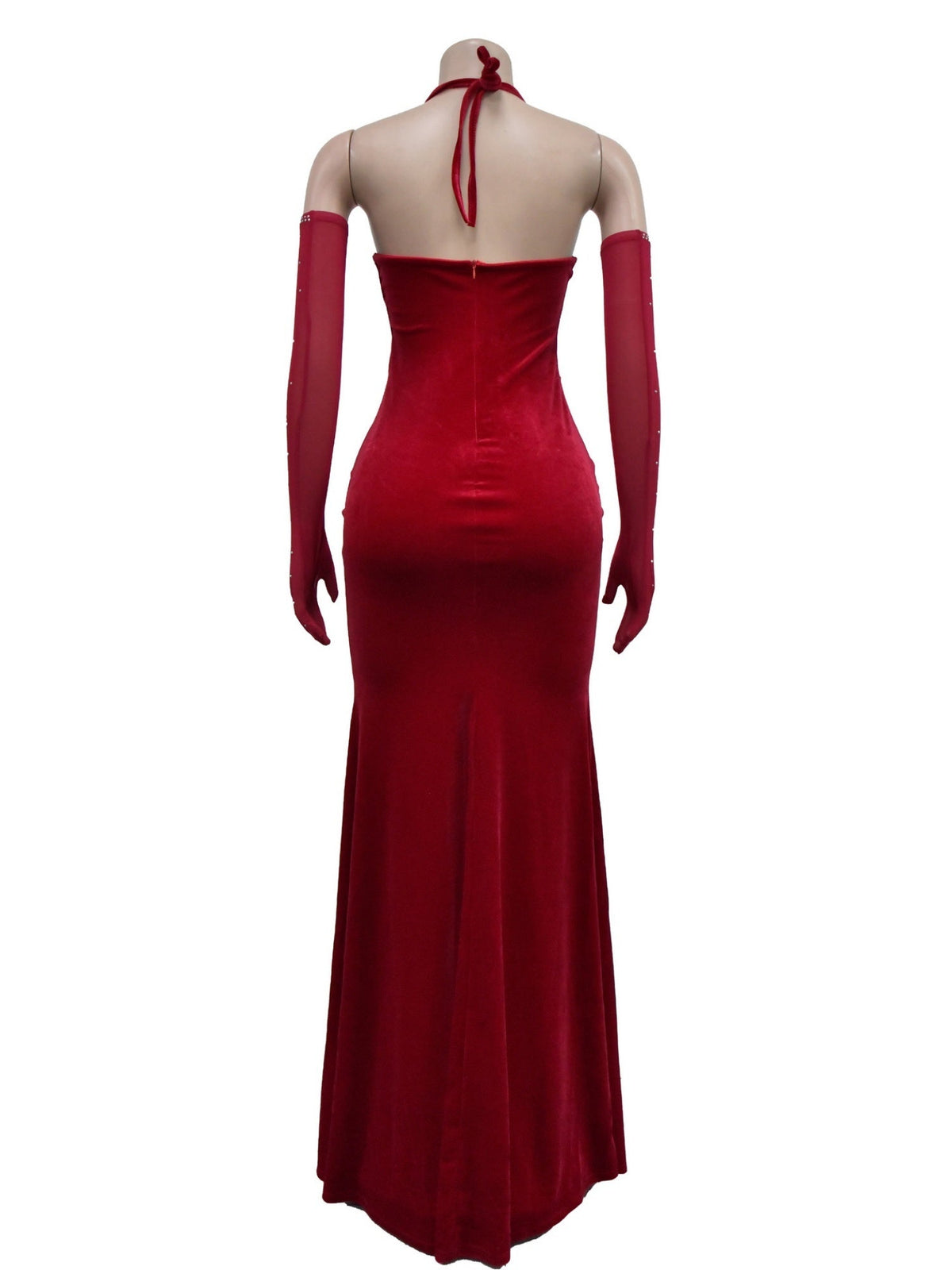 Lace And Velvet Patchwork Rhinestone-studded Evening Gown Mesh See-through Halter Neck Slit Maxi Dresses