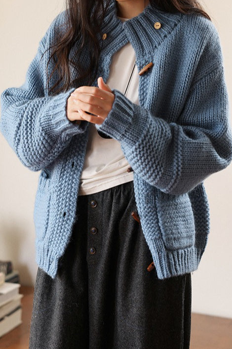 Vintage Solid Wool Chunky Knit Wooden Button Sweater