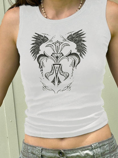 Vintage Wings Print Ribbed Cropped Tank Top