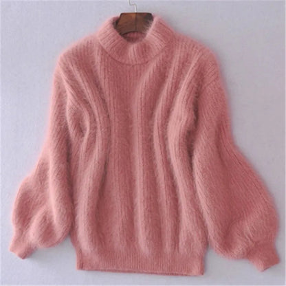 Jersey holgado de cachemira lisa de cuello alto para mujer | Ideal para otoño/invierno