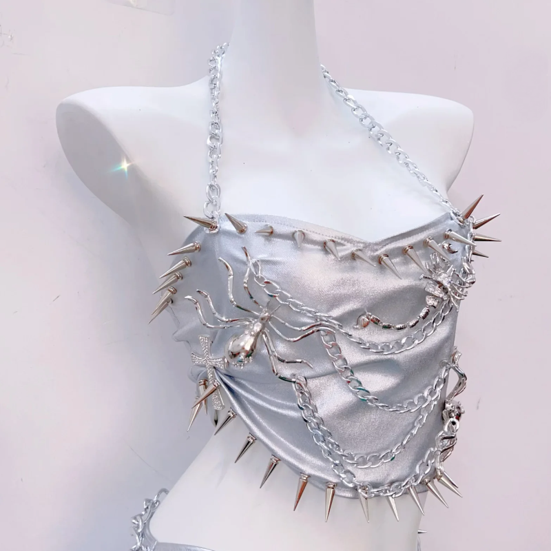 Metal chain halter rivet applique metallic mini skirt set  | Festival Outfits Women