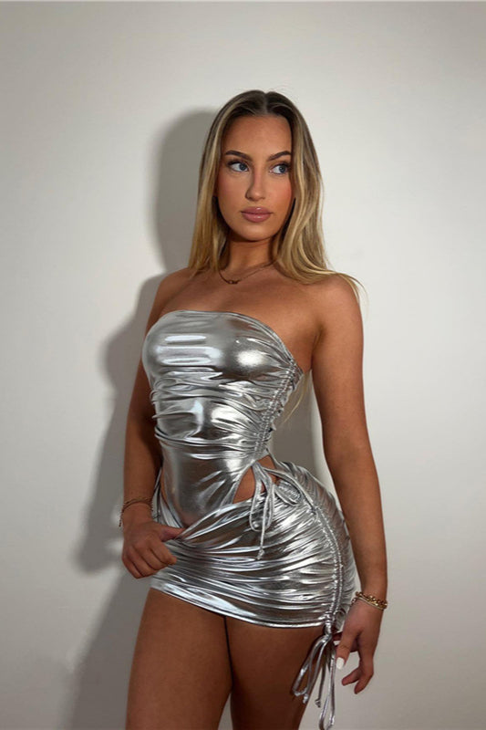 Metallic Drawstring Jumpsuit Bodycon Skirt Two Pieces Set