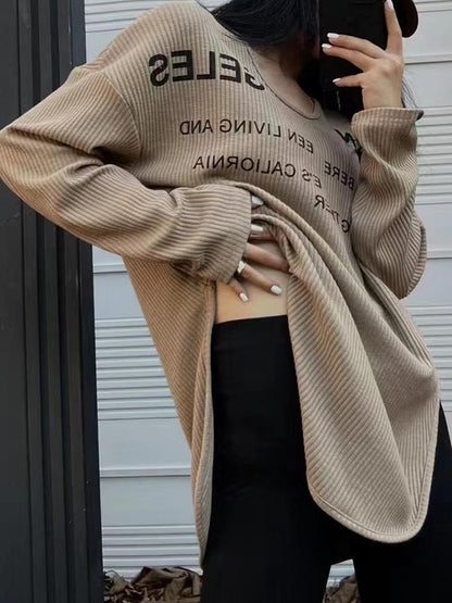 Letter Print U Neck Irregular Slit Long Sleeve Knit