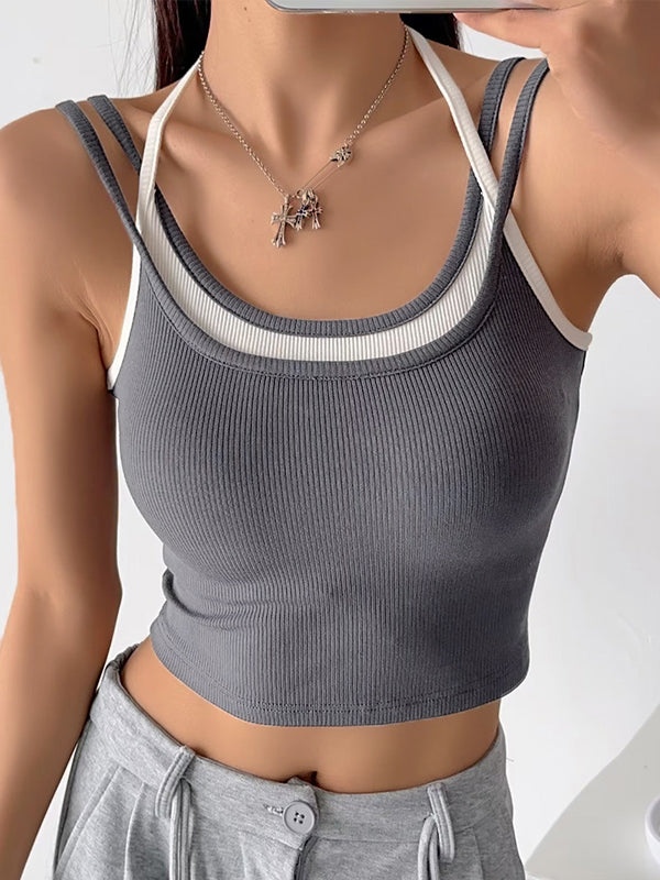 Contrast Color Fake Two Piece Cami Top