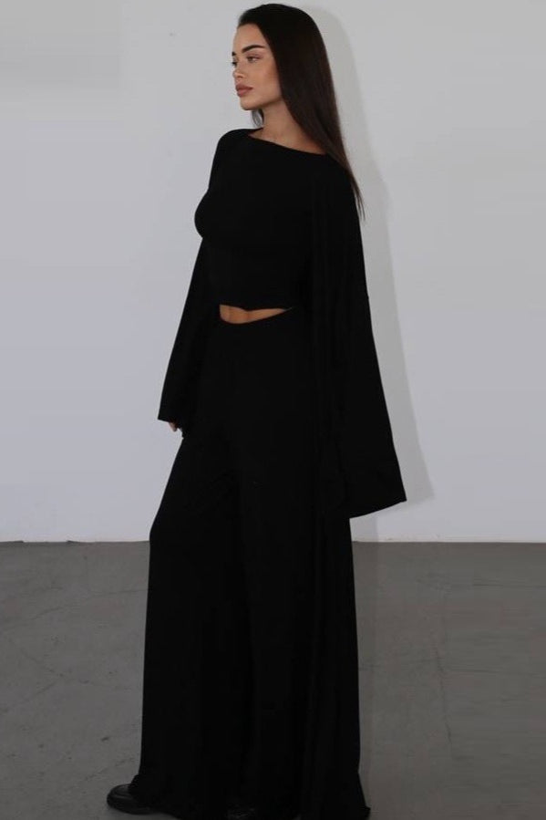 Solid Knit Flowly Long Sleeve Robe Three Piece Set