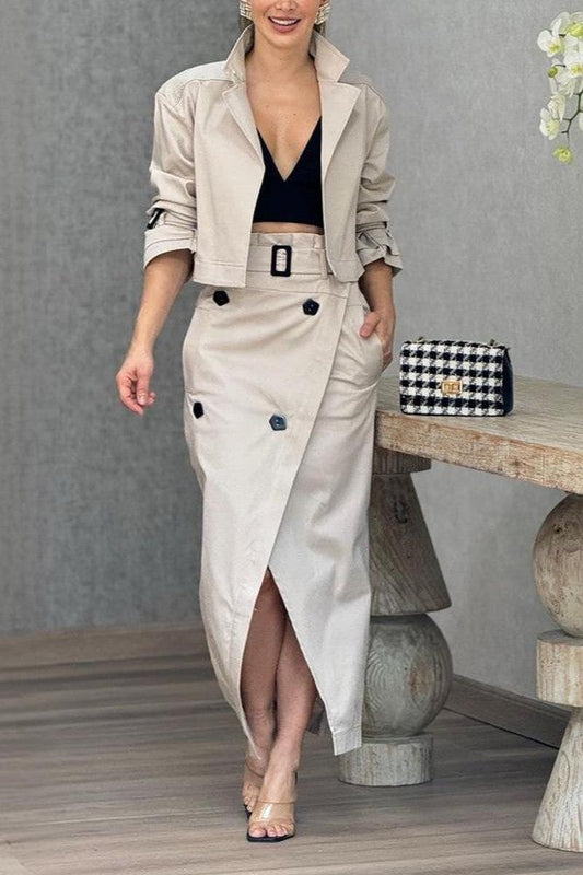 Conjunto de dos piezas de chaqueta con solapa y falda dividida 