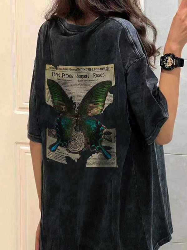 Washed Distressed Butterfly Print Oversized Short Sleeve Tee