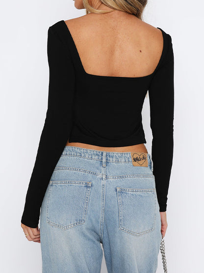 Square Neck Long Sleeve Slit Long Sleeve Tee