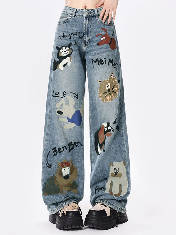 Graffiti Print American High Waist Loose Jeans Boyfriend Jeans