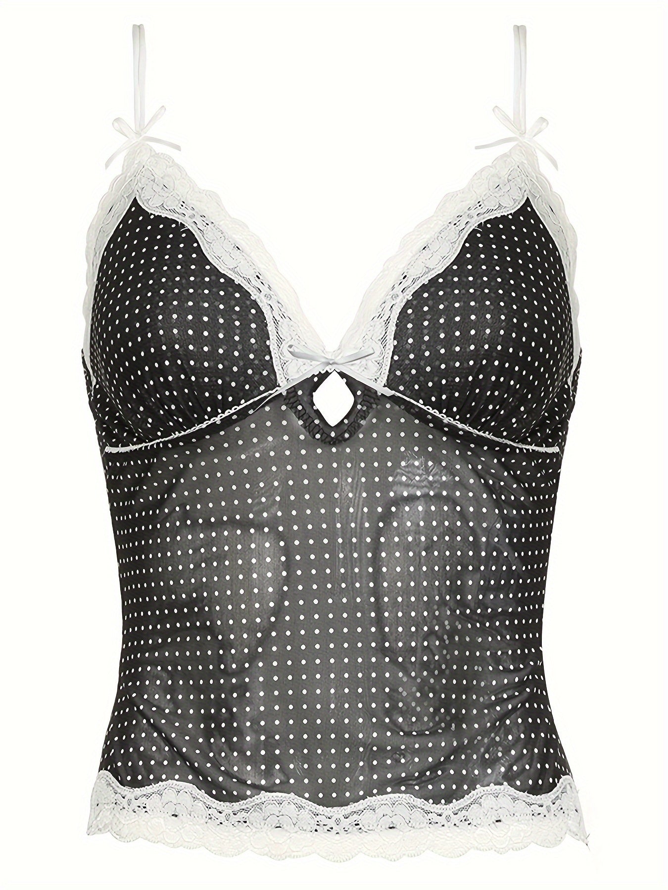 Y2K-Inspired Lace Bow Cami Top with V-Neck & Polka Dot Mesh - Stretchy, Breathable Fabric for All Seasons