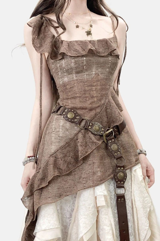 Unique Design Ruffle Asymmetrical Slip Mini Dress