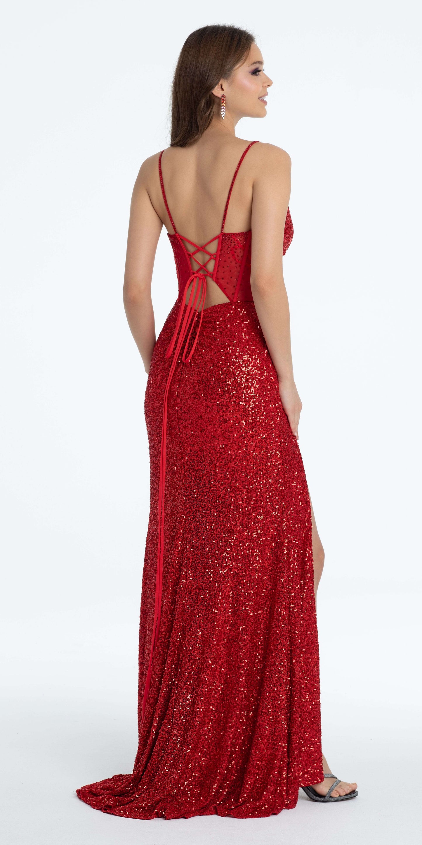 Illusion Sequin Corset Lace Up Column Dress