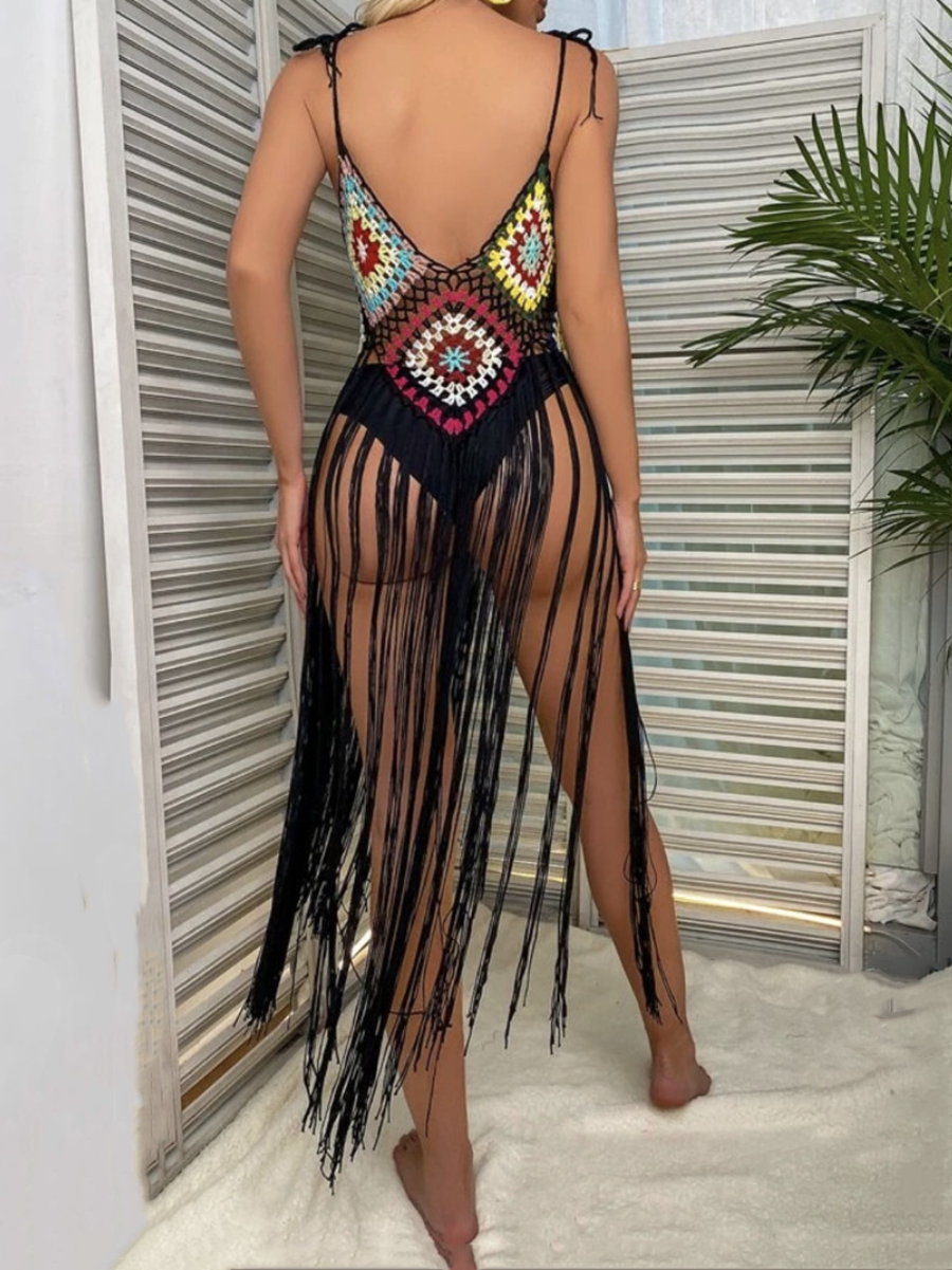 V neck tassels knitted hollow out cami cut out top  | Festival Outfits Women