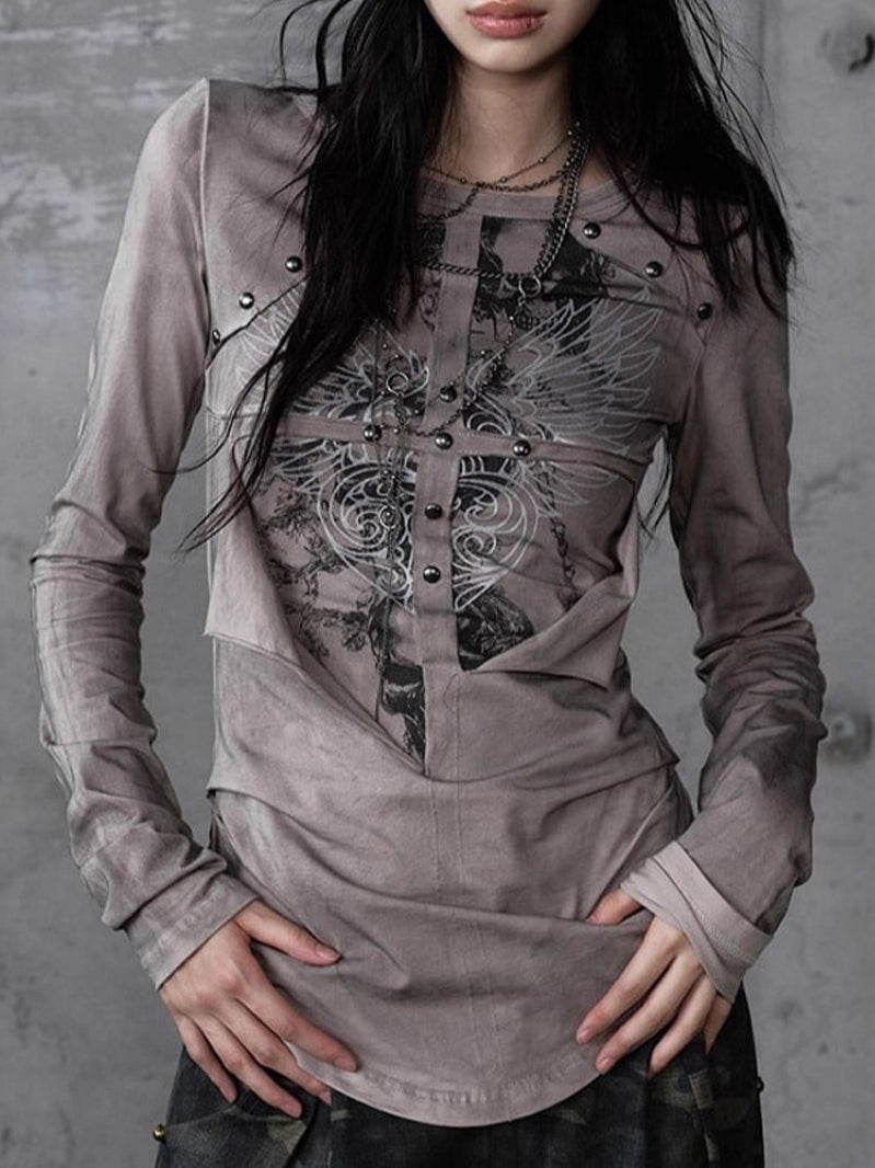 Gothic Fur Rivet Print Vintage Long Sleeve T-shirt