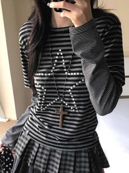 Stripe Layered Star Rhinestone Crew Neck Long Sleeve T-shirt