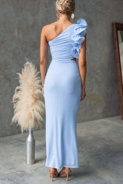 Fashionable Mesh Sleeveless One-shoulder Waist-revealing Maxi Dress