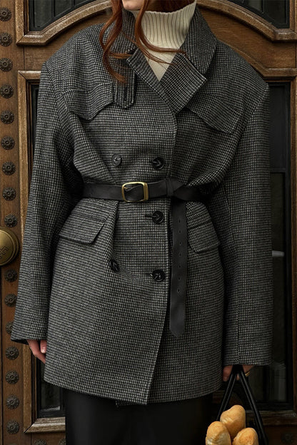 Houndstooth Wool Double Breasted Mid Length Trench Coat