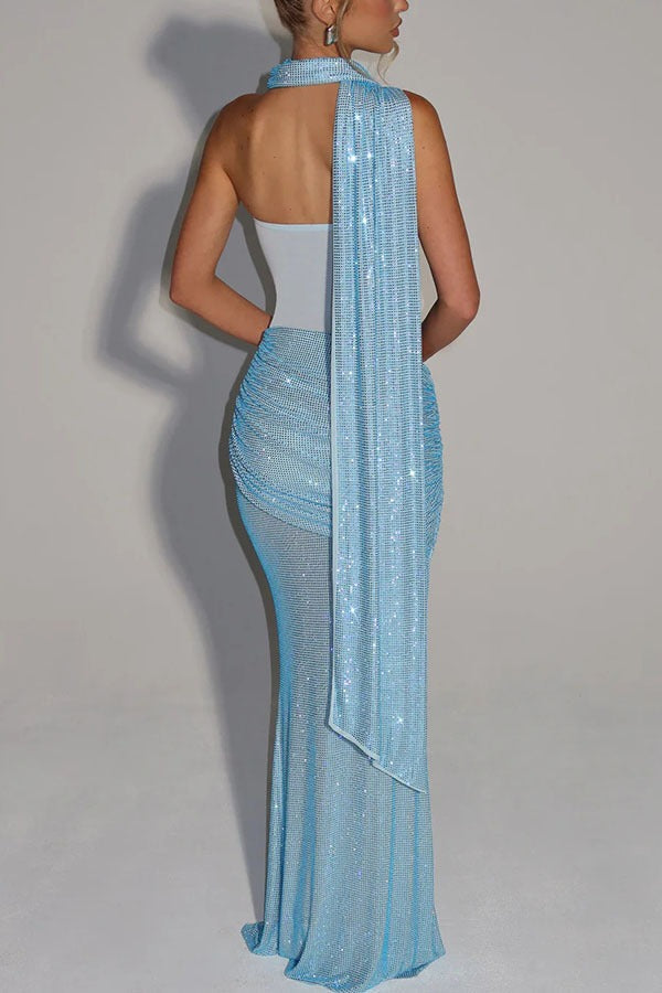 Sequin Sash Strapless Gown Dress