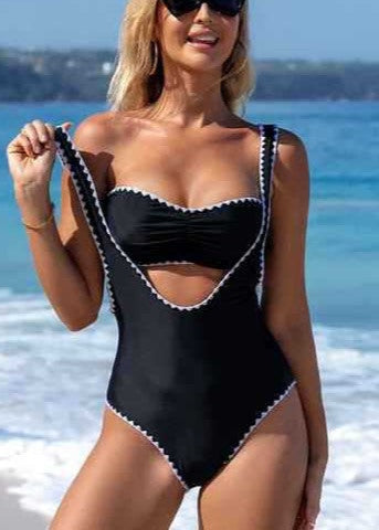 Coastal Curve - Black Cutout One-Piece Swimsuit with Contrast Trim