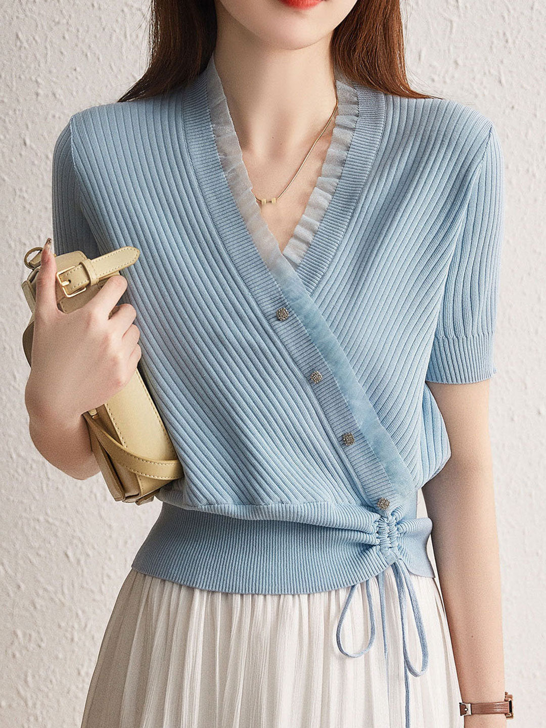 Sydney Elegant V-neck Drawstring Knitted Top-Blue