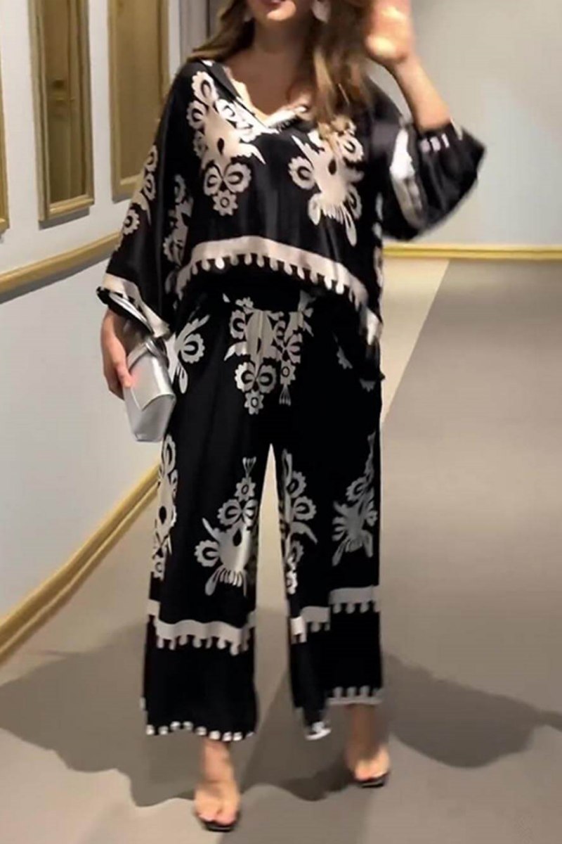Conjunto de top y pantalón largo de manga larga irregular con estampado único