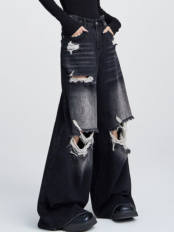 Loose high-waisted versatile straight leg Ripped Jeans