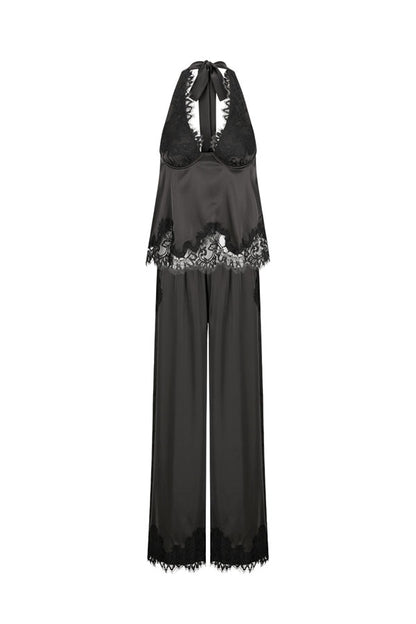 Elegant Morning Satin Lace Trim Halter Tie-up Tank and Elastic Waist Loose Pants Set