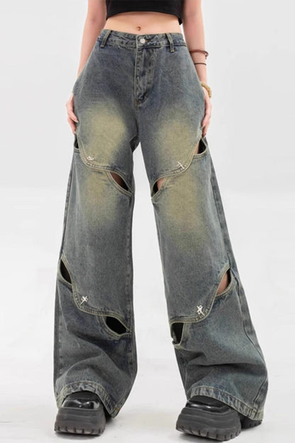 Heavy Cutout Vintage Long Wide Leg Jeans