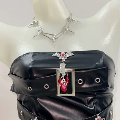 PU leather buckle bat applique tube top  | Festival Outfits Women