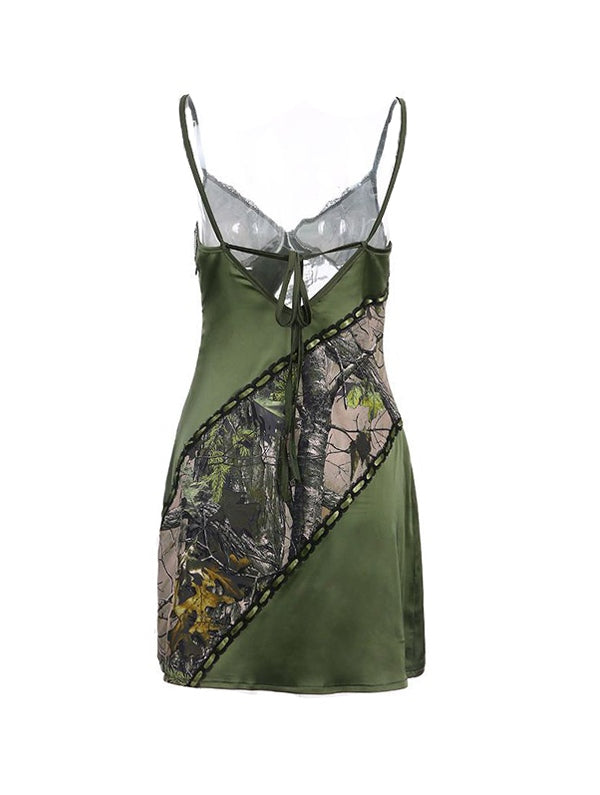 Irregular Print Lace Splice Tie Back Mini Dress