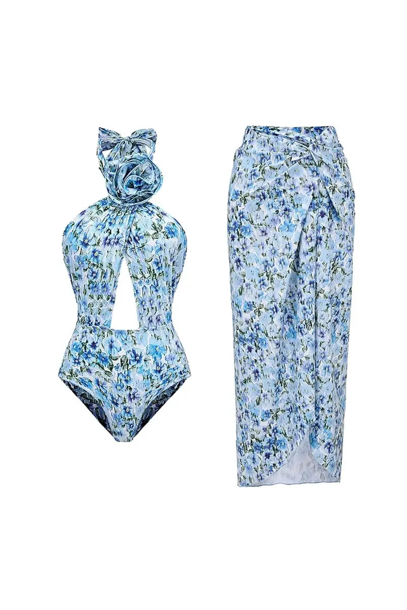 Conjunto de una pieza sin tirantes con cuello halter floral
