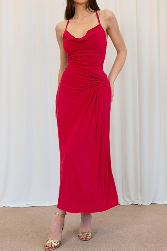 Halter Neck Tie Detail Evening Wrap Dress