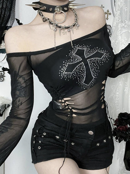 Cross Rhinestone Flare Sleeve Mesh Top