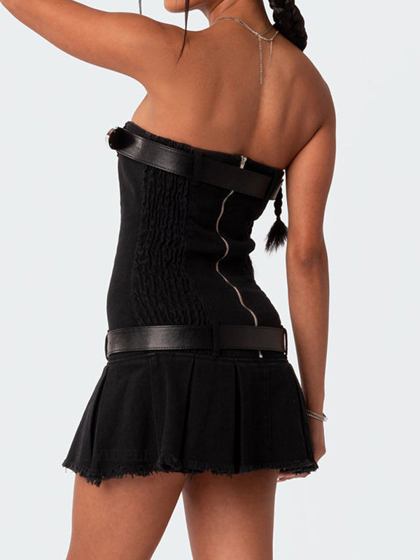 Denim Bandeau Pleat Belt Mini Skirt