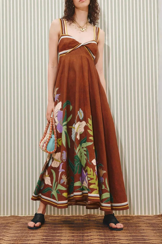 Brown Floral Linen Midi Dress