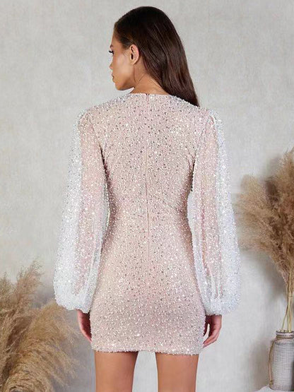 Sequins Dress Plunge Long Sleeves Sexy Birthday Party Bodycon Mini Dresses