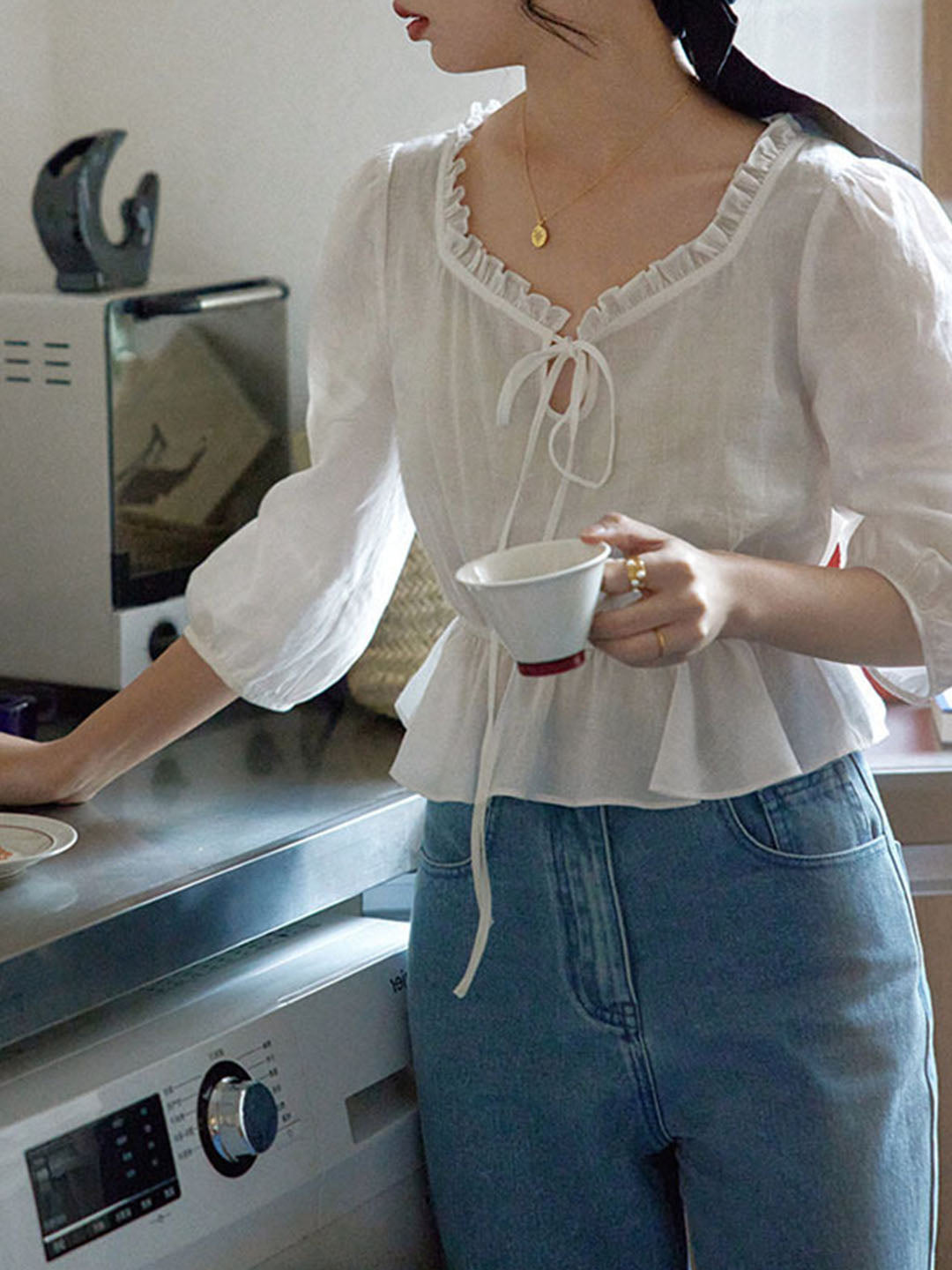 Judy Classic Lace V-neck Cotton Tie Shirt