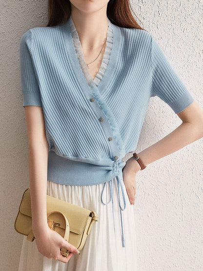 Sydney Elegant V-neck Drawstring Knitted Top-Blue